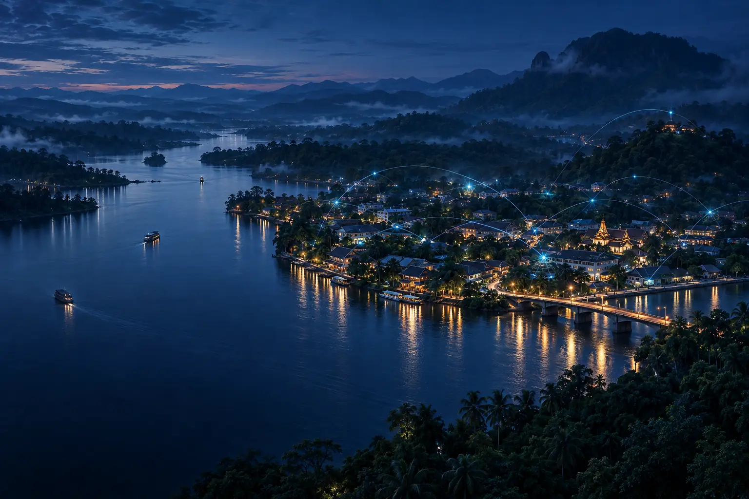 Illustration of a riverside town at dusk connected by lines of light
