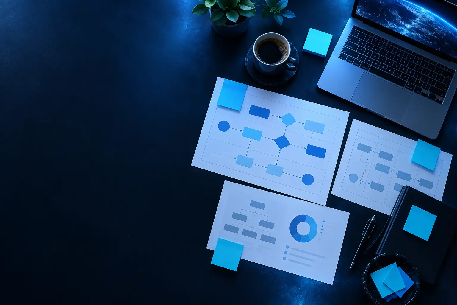 Process maps and notes on a planning table